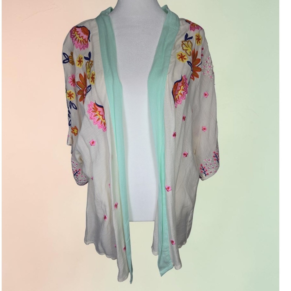 Elizabeth Gillett Embroidered Floral Kimono Wrap White Mint S/M NEW Cottage Boho